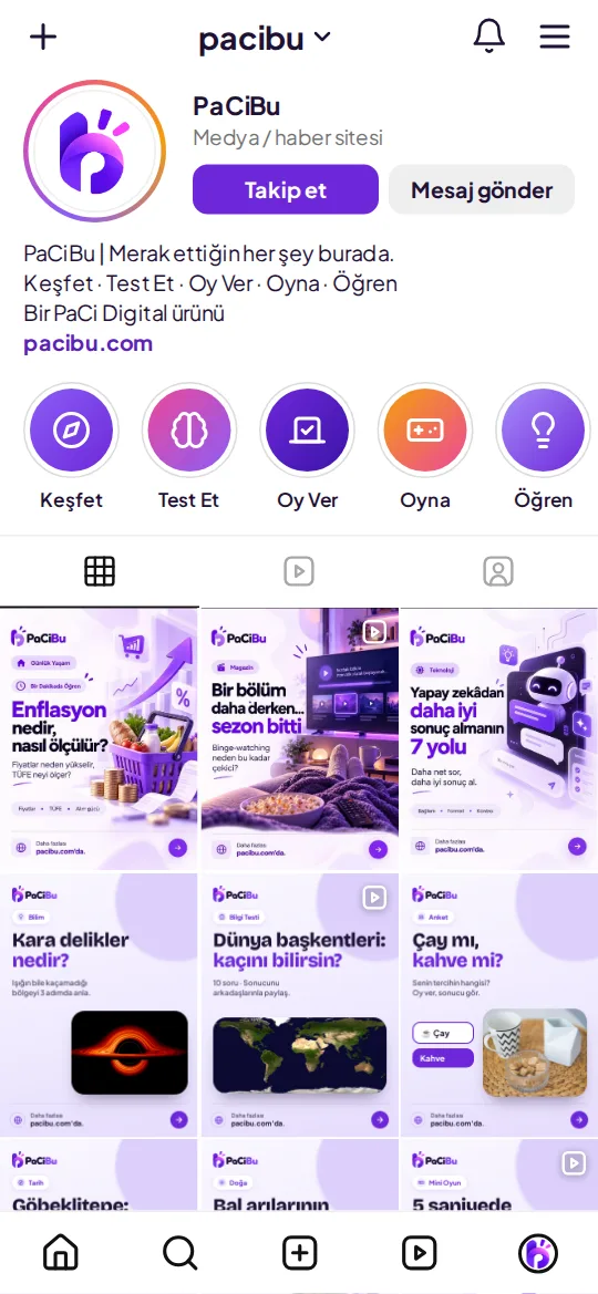 PaCiBu Instagram profili: gönderi ızgarası, öne çıkanlar ve hikâye