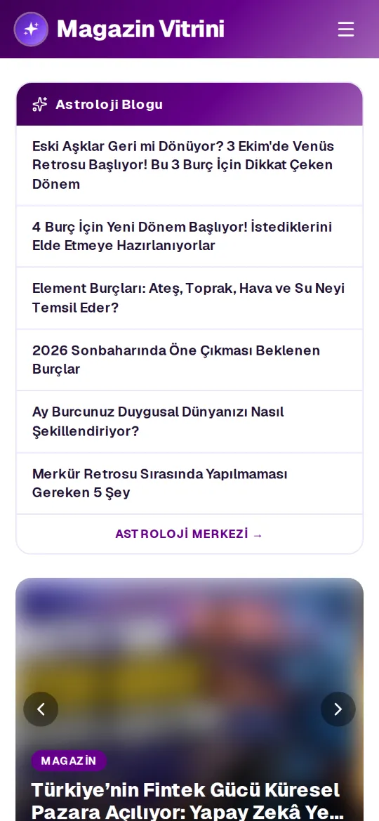 Magazin Vitrini ana sayfası, mobil görünüm